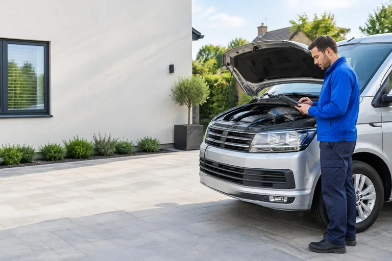 Illustration of a mobile technician assessing a vehicle