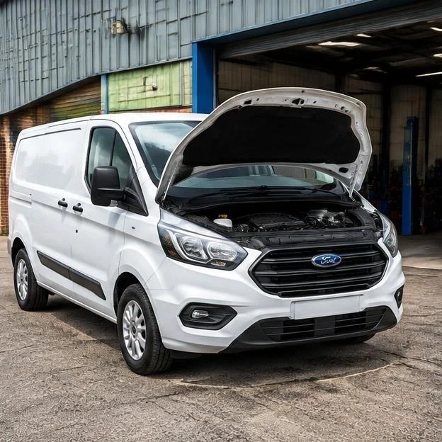 AI-generated illustration: White Ford Transit Custom van with bonnet raised at a bright outdoor workshop.