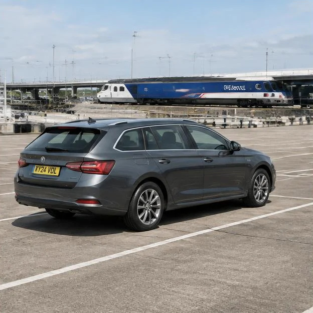 AI-generated illustration: Grey estate car stationary in a channel shuttle terminal car parking area, distant vehicle shuttle train.