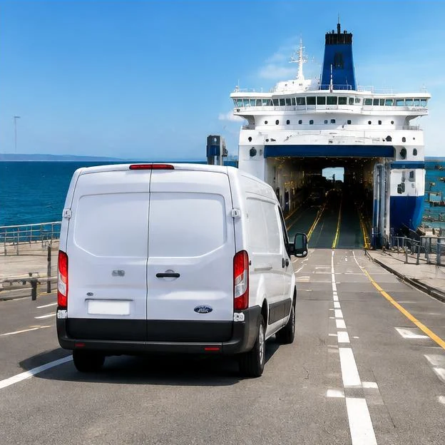 AI-generated illustration: White Ford Transit panel van in ferry departure lanes, blue sea and ferry loading ramp behind.