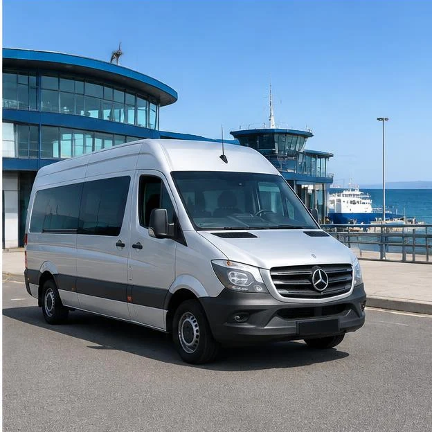 AI-generated illustration: Silver Mercedes Sprinter van safely parked beside a coastal ferry terminal building in sunshine.