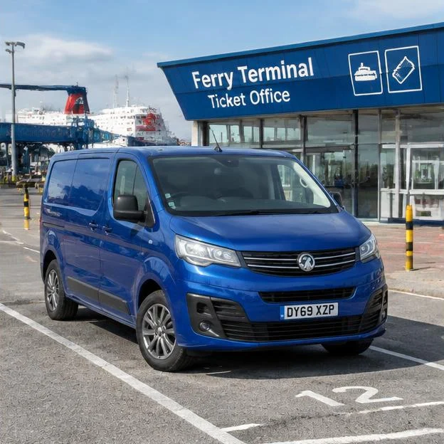 AI-generated illustration: Blue Vauxhall Vivaro van parked in a marked bay beside ferry terminal ticket building.